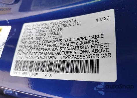 2022 Honda Accord Sport Se из США, поврежденный, VIN 1HGCV1F43NA112504